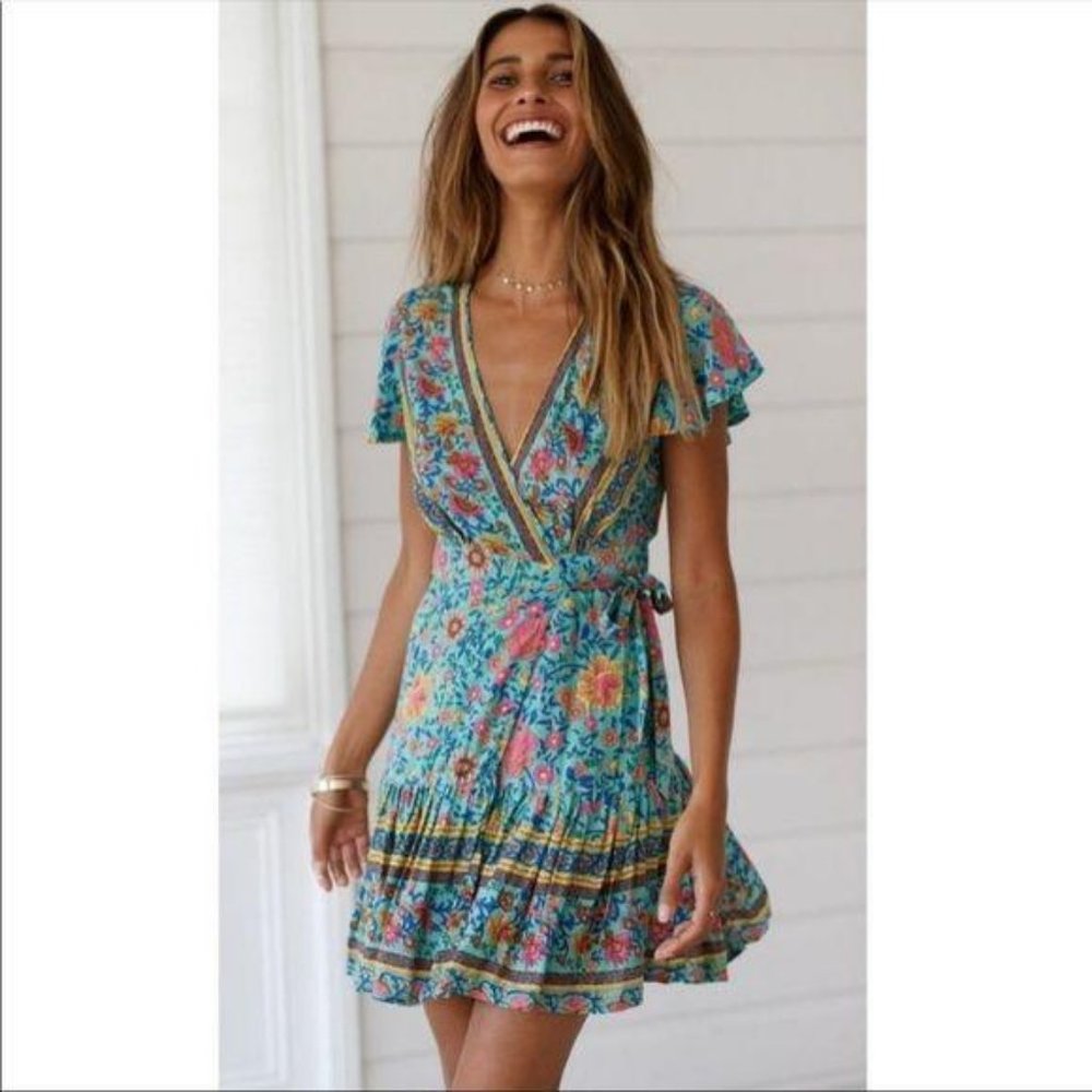 Boho Floral Print V Neck Wrap Dress Short Blue - Picture 4 of 4
